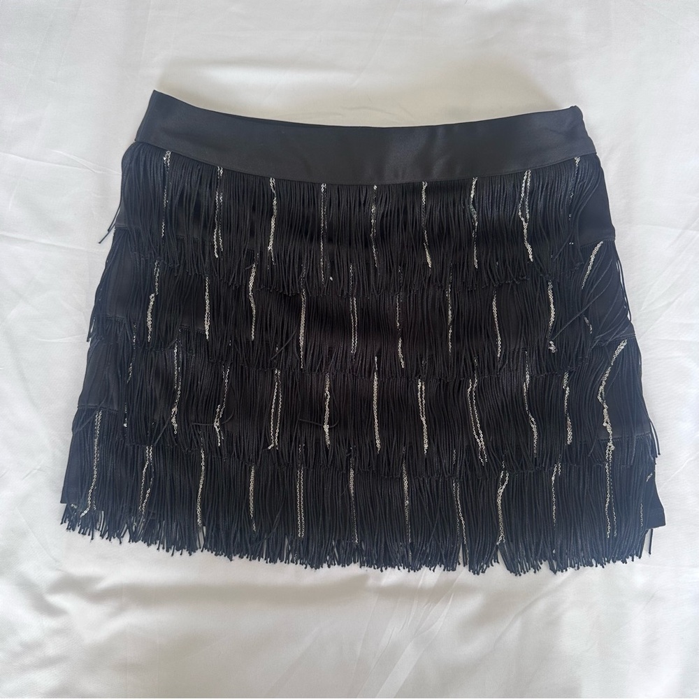 Express Black Fringe Mini Skirt Silver Chain Layered Tassel Party Rave Women's 0